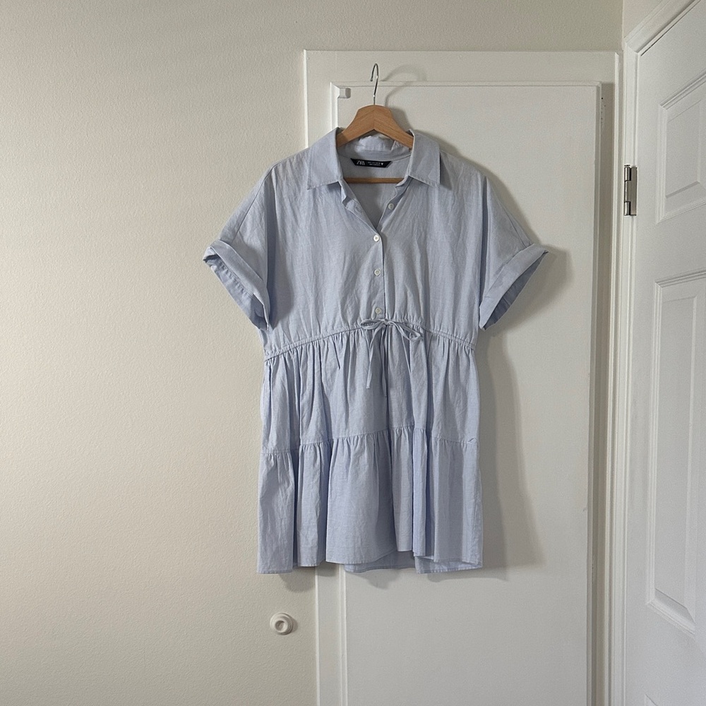 Zara Light Blue Short Sleeve Tiered Mini Dress